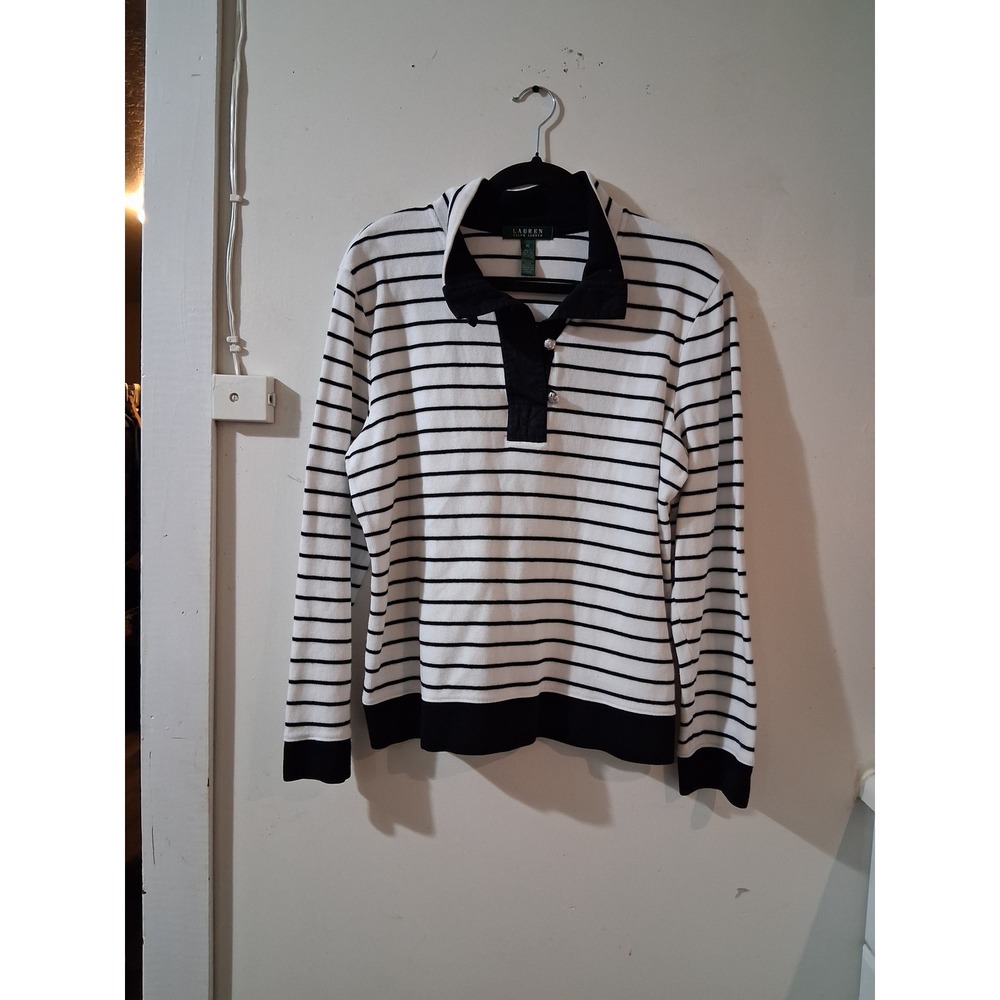 Lauren Ralph Lauren Womens XL Black White Striped Cotton Long Sleeve Sweater